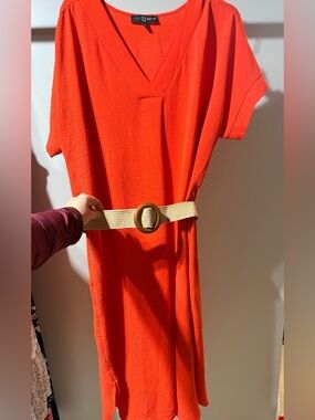 Fred Coral-Orange V-Neck Midi Dress with Woven Belt